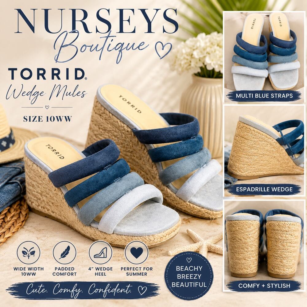Torrid Denim Blue Multi Strap Espadrille Wedge Mules Size 10WW